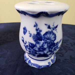 Blue White Toothbrush Holder Porcelain Vintage 5" Flow Blue NOS Bathroom Vase